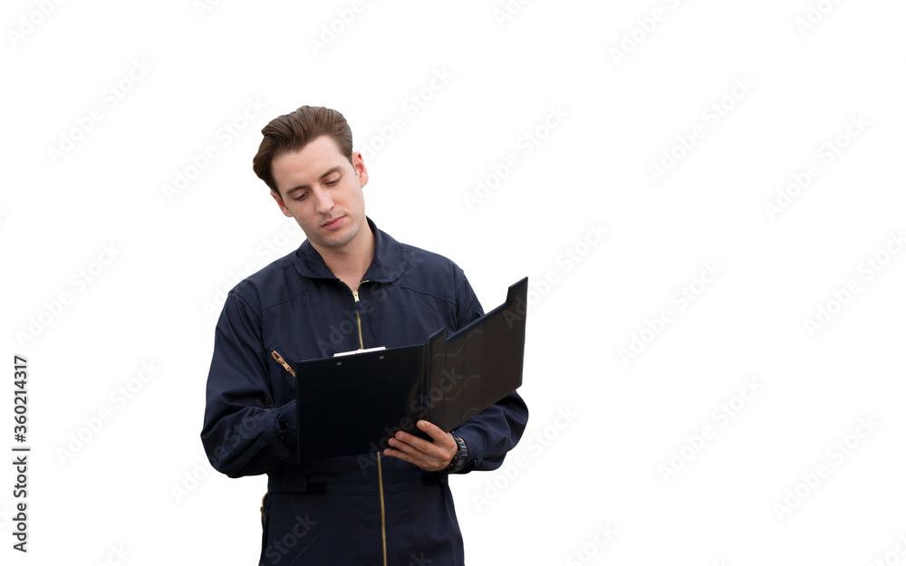 Handsome auto mechanic with clipboard on white background