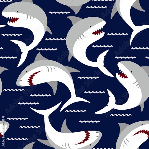 Angry shark seamles pattern. Sea life hand drawn Illustration. Print for child clothes.
