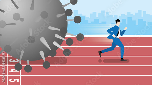 The business owner runs away the COVID-19 coronavirus pandemic impact. Businessmen run in a race track escape from a large virus. 
