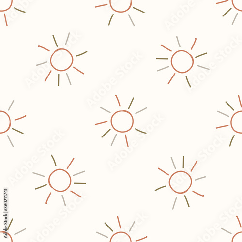 Seamless background sun in sky gender neutral baby pattern. Simple whimsical minimal earthy 2 tone color. Kids nursery wallpaper or boho cartoon fashion all over print.