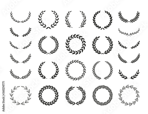 Set of different black and white silhouette round laurel foliate and olive wreaths depicting an award, achievement, heraldry, nobility, emblem. Vector illustration.