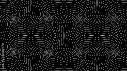 Hypnotic effect with many screens of spiral lines. Circle striped halftones. Psychedelic optical illusion. Seamless looping animation.