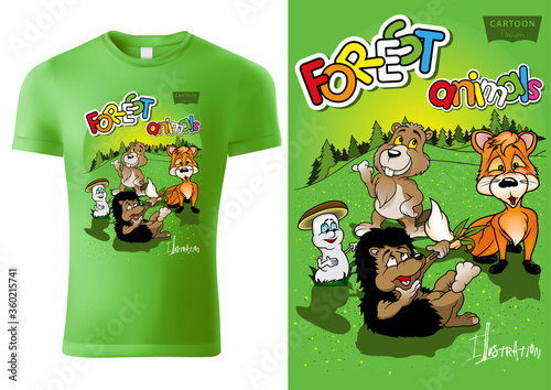 Green Child T-shirt Design with Cartoon Forestal Characters - Cheerful Unisex Illustration with Fox,Hedgehog,Beaver,Mushroom and Forest, Vector