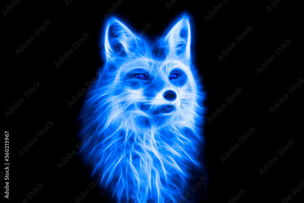 Obraz premium Fractal image of a wild fox in blue format on a contrasting black background
