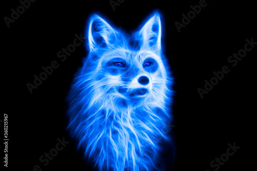 Fractal image of a wild fox in blue format on a contrasting black background