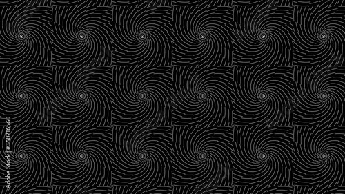 Hypnotic effect with many screens of spiral lines. Circle striped halftones. Psychedelic optical illusion. Seamless looping animation.