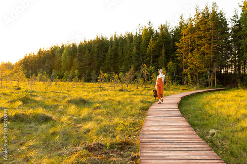 Woman botanist with backpack on ecological hiking trail in summer outdoors. Naturalist exploring wildlife and ecotourism adventure walking on path through peat bog swamp in a wildlife national park.  photo