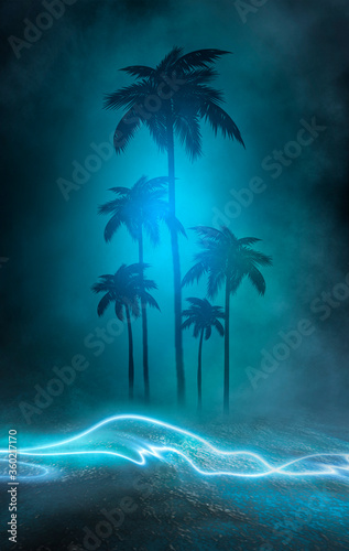 Fototapeta Naklejka Na Ścianę i Meble -  Empty dark tropical background of night sea beach, neon light, city lights. Silhouettes of tropical palm trees on a background of bright abstract sunset. Modern futuristic landscape. 3d illustration