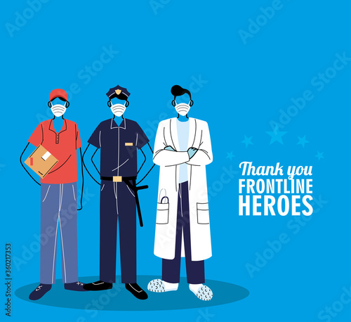 Thanks to the front line workers. Diverse people from different occupations wear protective masks.
