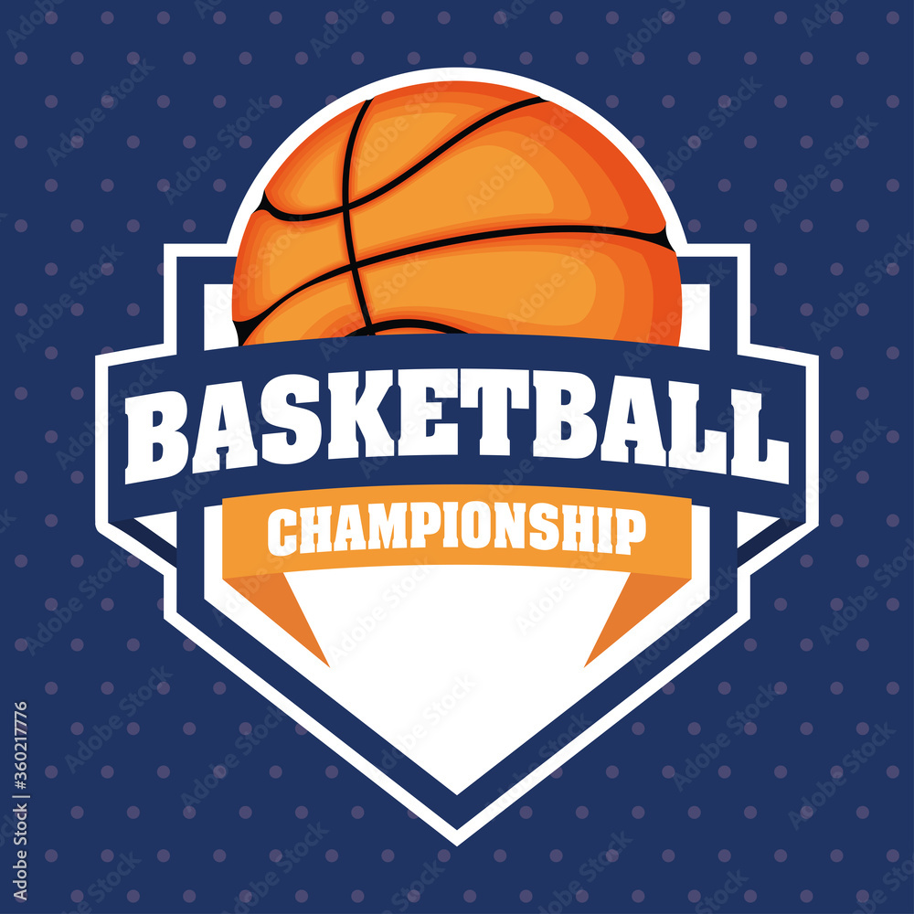 Basketball game sport with balloon in shield emblem Basketball game sport with balloon in shield emblem
