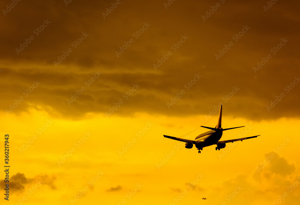 The plane comes in to land on the background of clouds at sunset