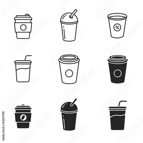 Takeaway drink icons collection draw in outline and black design isolated on white background. Set of simple disposable cup vector illustration 
