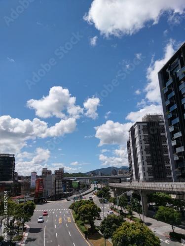the cityscape near a MRT Station in Taipei City, Taiwan in a cloudy day