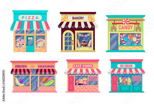 Fototapeta Naklejka Na Ścianę i Meble -  Set of food stores. Pizzeria, fast food, fruit and vegetables, ice cream, bakery, candy. Exterior facades. Collection of store facades isolated on a white background.Vector illustration in flat style