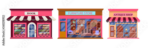 Set of antique furniture and book stores. illustrations of the exterior facades. Collection of store facades isolated on a white background.Vector illustration in flat style