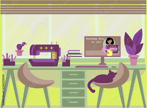 The home workplace is near a large window. Home office. Work and Hobbies. Sewing courses online. Training via the Internet. Concept. The cat is Napping on a chair. Vector illustration in a flat style.