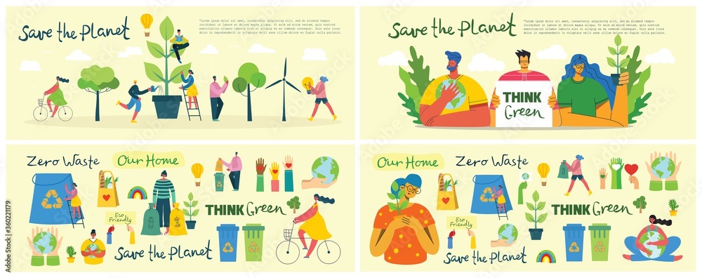Set of eco save environment pictures. People taking care of planet collage. Zero waste, think green, save the planet, our home hand written text in the flat design