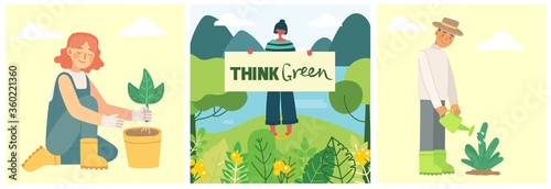 Set of eco save environment pictures. People taking care of planet . Zero waste, think green, save the planet, our home and hand written text