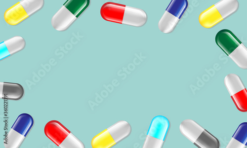 Blank frame capsules medicine and pills top view. Vector illustration on green background. Health concept.