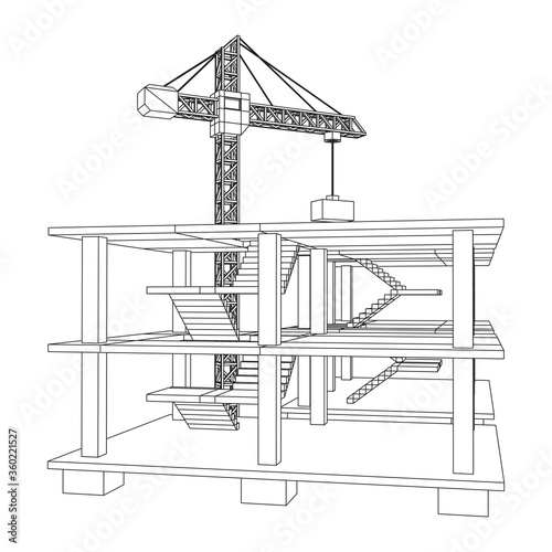 Building under construction with crane. Build house construct in process. Wireframe low poly mesh vector illustration