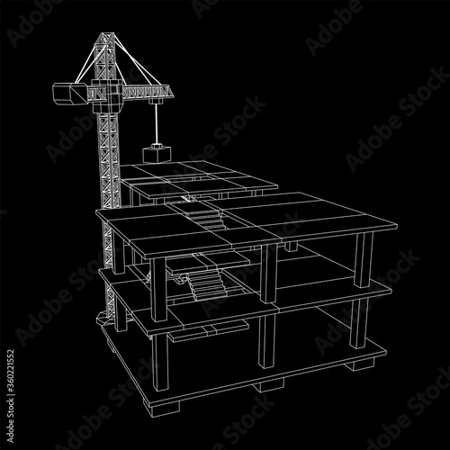 Building under construction with crane. Build house construct in process. Wireframe low poly mesh vector illustration