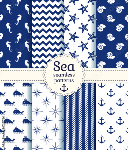 Set of sea and nautical seamless patterns in white and navy blue colors. Vector illustration.