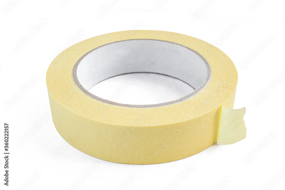 Yellow sticky tape roll isolated on white. Duct tape close-up
