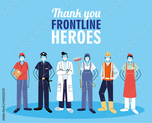 Thanks to the front line workers. Diverse people from different occupations wear protective masks.