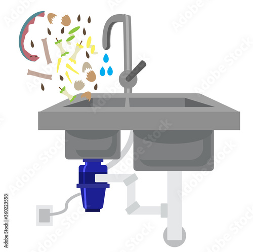Food waste recycler. Kitchen sink with food waste disposer connected to electric socket and plumbing pipes. Organic waste falls into the sink with the water. Vector illustration. Garbage disposal.