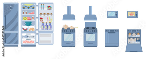 Set of kitchen appliances. Refrigerator, electric stove, extractor hood, dishwasher, microwave.  Open and closed, with food and empty. Vector illustration in flat style. Equipment for a cozy kitchen.