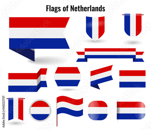 A large set of icons and signs with the flag of the Netherlands. Square and round Netherlands flag. Collection of different types of horizontal and vertical.