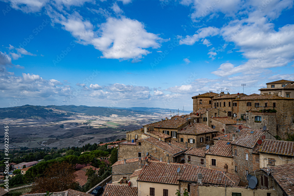Volterra Tuscany, Toskana town skyline, church and panoramic view, Italy, Fall 