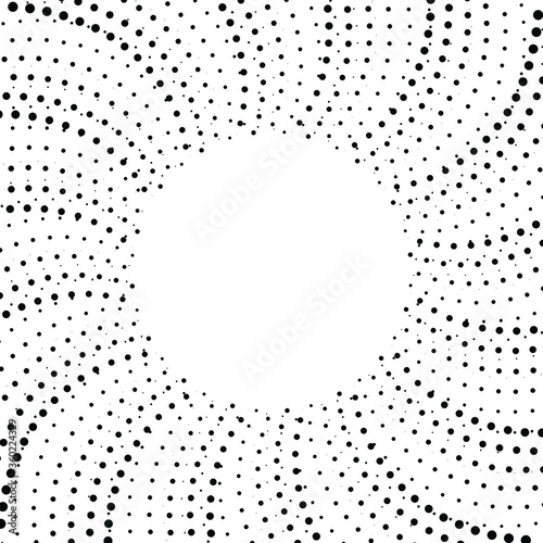 Round frame design, distress halftone vortexes texture,  random dots texture, spiral dotted pattern 