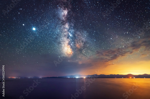 Beautiful night landscape. Beautiful Sevan lake in the night and bright milky way galaxy. Night photography. National park
 photo