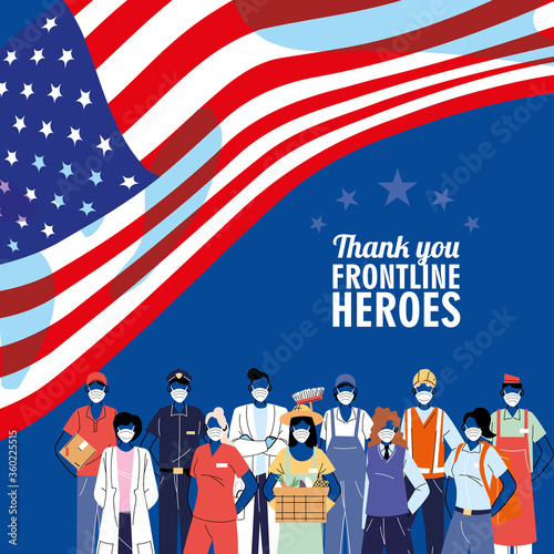 Thanks to the front line workers. Diverse people from different occupations wear protective masks.