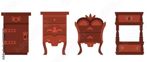Set of vintage nightstands, dressers, and bureaus Isolated on a white background. Collection of antique furniture for bedroom, office, living room. Vector illustration in flat style.