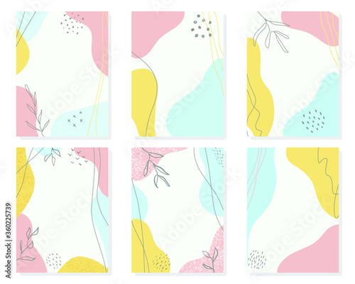 set of six abstract memphis backgrounds. Covers templates set with trendy geometric patterns, colors and memphis retro elements. Modern design for placards, posters, presentations and banners. EPS 10