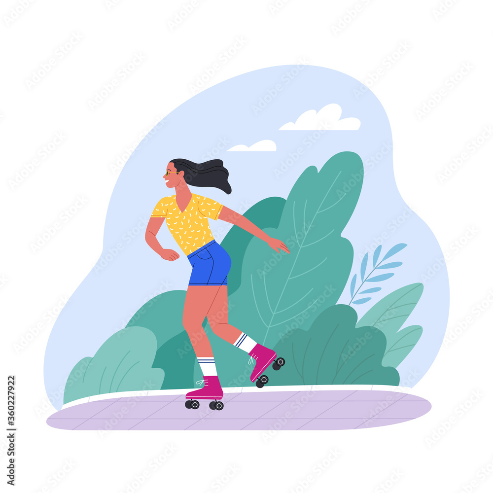 Alone at the fresh air. Vector illustration of young cartoon brunette woman rollerblading in the park. Isolated on white