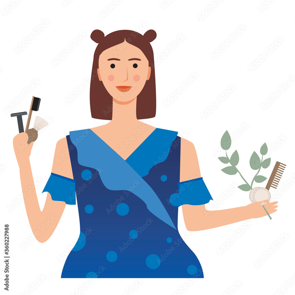 Beauty girl with bamboo toothbrush and metal razor, flat vector stock illustration art isolated on a white background as an eco friendly lifestyle and beauty concept Beauty girl with bamboo toothbrush and metal razor, flat vector stock illustration art isolated on a white background as an eco friendly lifestyle and beauty concept