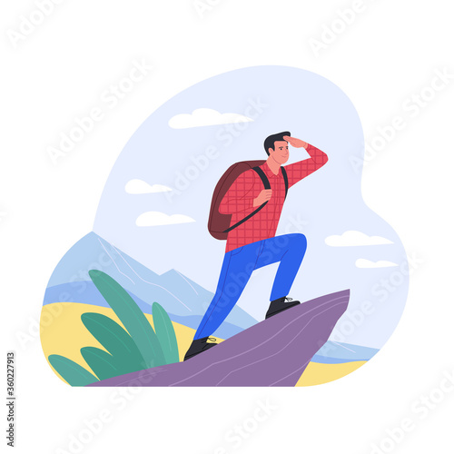 Alone at the fresh air. Vector illustration of young cartoon brunette hiking man, standing on the edge of a cliff and looking into the distance. Isolated on white