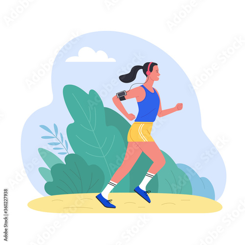 Alone at the fresh air. Vector illustration of young cartoon brunette woman jogging in the park. Isolated on white