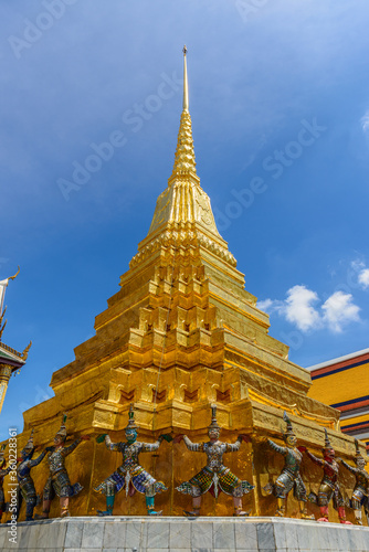The base of Phra Suvarnachedi has figures of monkeys and giants supporting the chedi  is situated to the east of the terrace of Wat Phra Kaew  Wat Phra Si Rattana Satsadaram   Bangkok  Thailand.