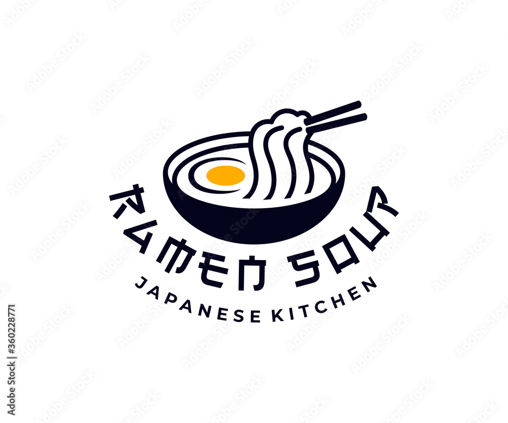 Fototapeta Japanese kitchen, ramen soup, noodles with egg, logo design. Food, restaurant, catering and canteen, vector design and illustration