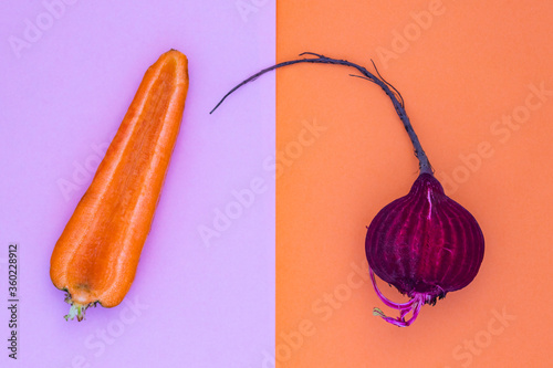 Carrot vs Beet. Two incision vegetables root crops carrot and beet