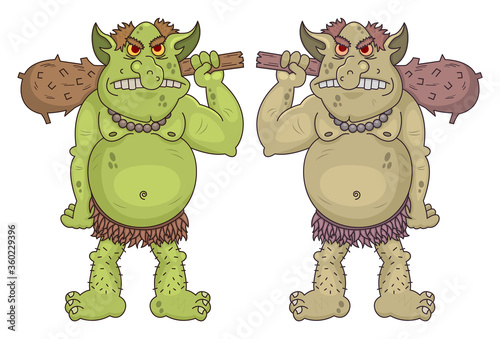 Giant Funny cartoon ogres holds a wooden clubs. Cute fantasy mythical characters. Vector cave dwellers. Design for print, emblem, t-shirt, halloween or fantasy party decoration, sticker.