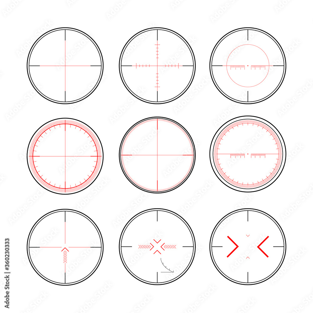 Sniper rifle scope. Weapon aim. Set of targets and destination. Focus ...