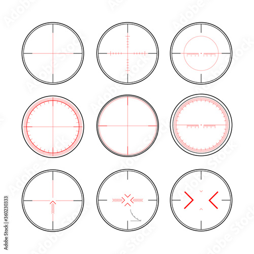 Sniper rifle scope. Weapon aim. Set of targets and destination. Focus icons. Vector illustration