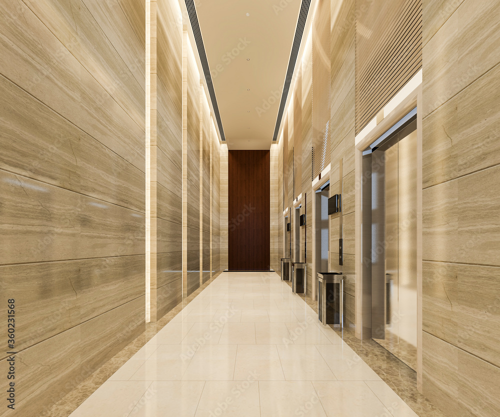 3d rendering modern steel elevator lift lobby in business hotel with luxury design near corridor 3d rendering modern steel elevator lift lobby in business hotel with luxury design near corridor