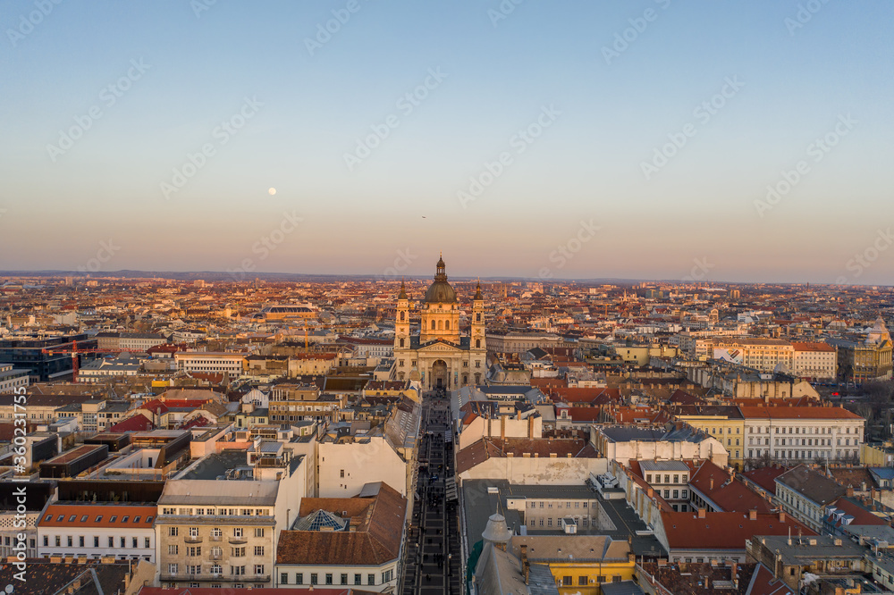 Aerial drone shot of St. Stephen Basilica during Budapest sunset hour in winter