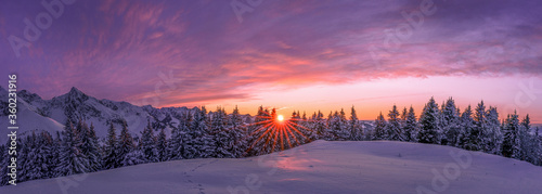 sunset in the mountains during beautiful winter time, Switzerland, Gantrisch nature park
